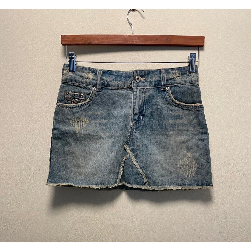 Vintage One Tuff Babe Womens Mini Skirt Size 5/6 Denim Distressed Fringe 90s Y2K